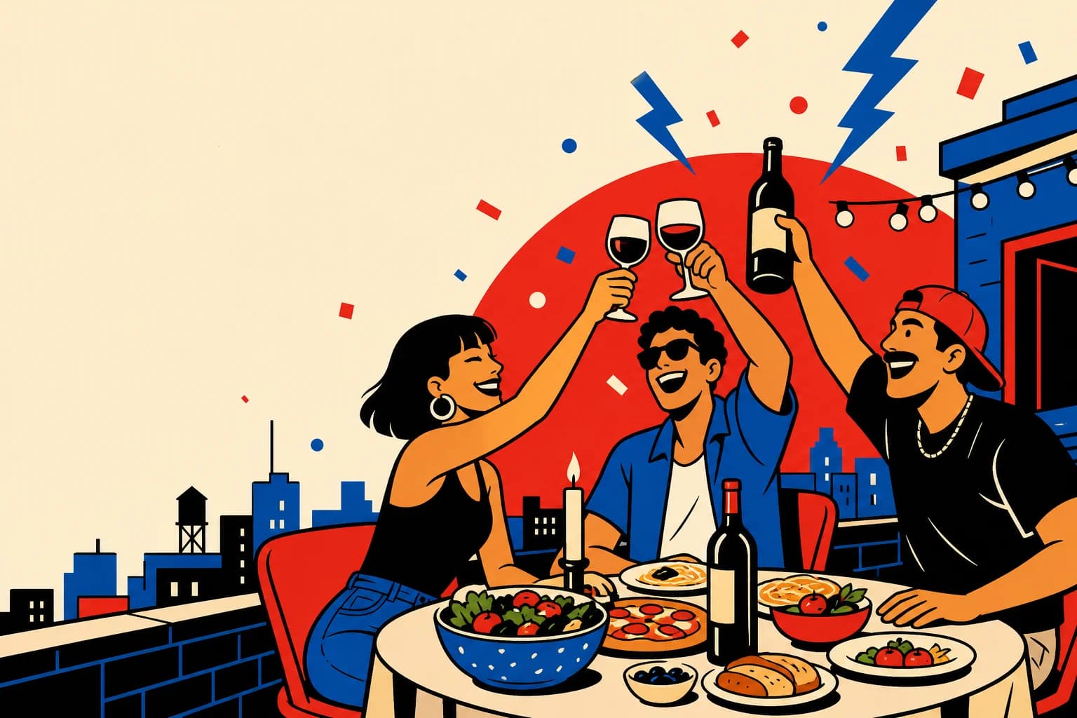 Friends toasting with LOUDMOUTH on a rooftop