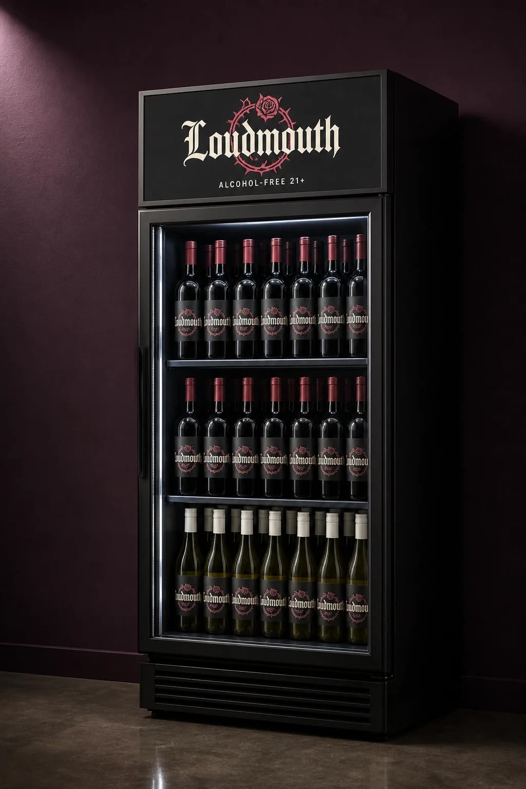 The black LOUDMOUTH merchandiser fridge, glass door stocked with Red Blend and Chardonnay bottles