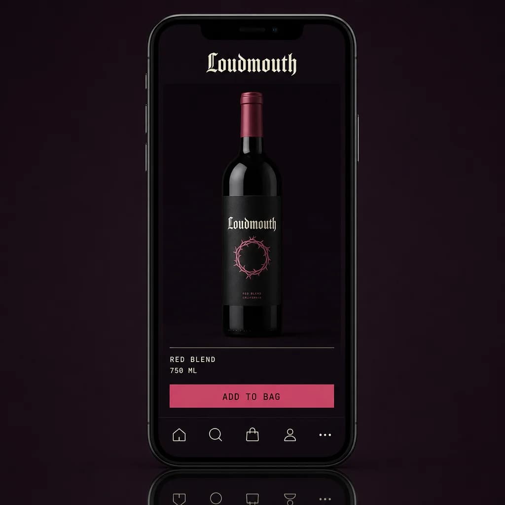 The LOUDMOUTH shop running as an app on a phone, showing the Red Blend 750 ml bottle with an add-to-bag button