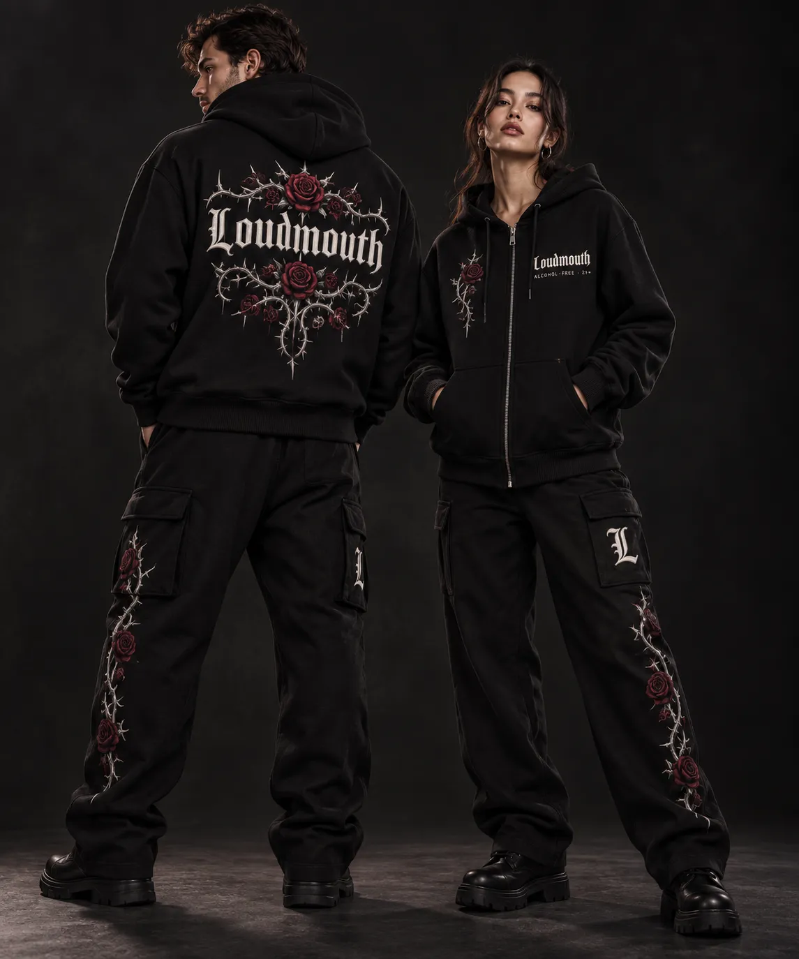 The Thorn & Rose zip hoodie and cargo pant from the Loudmouth Collection