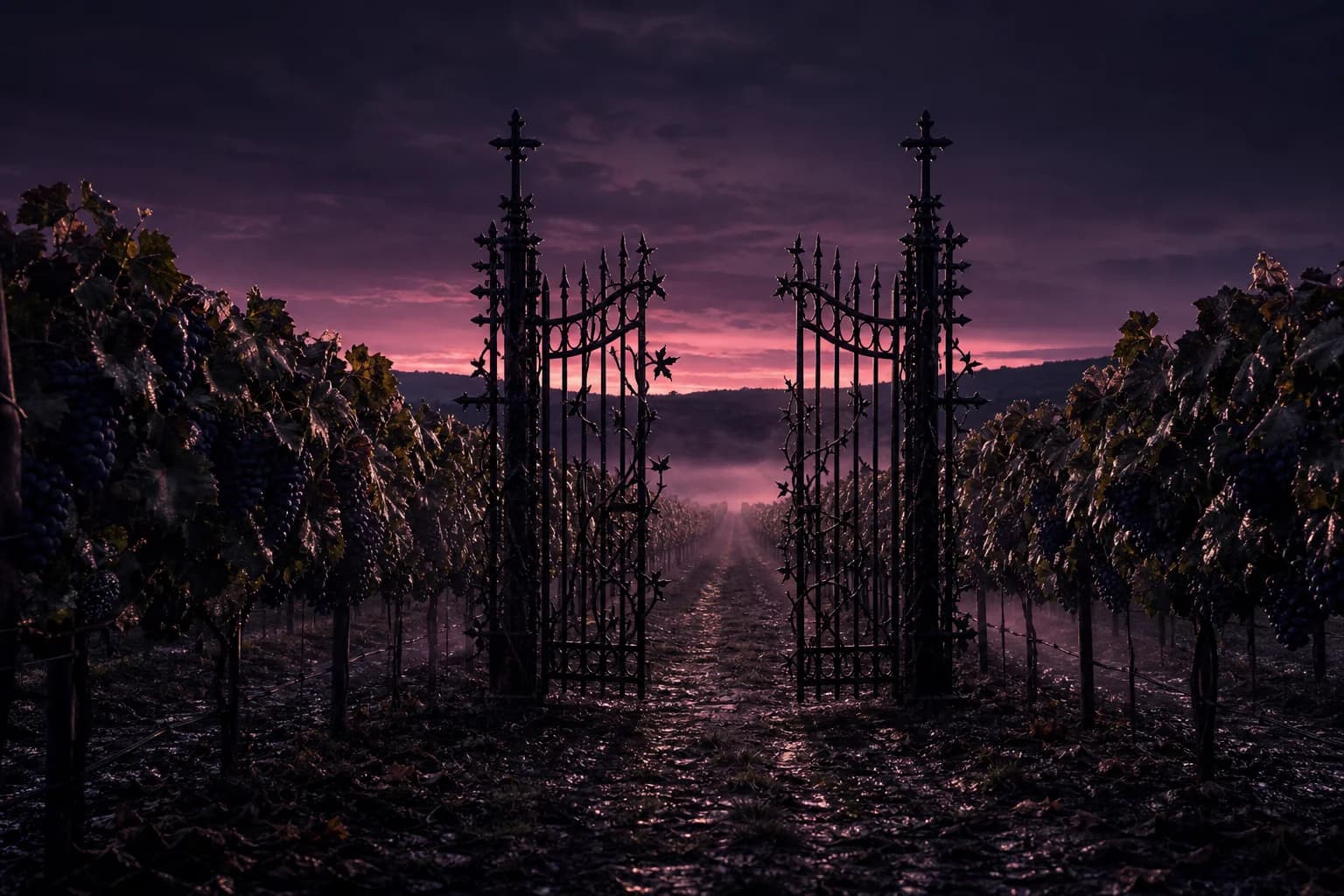 Rows of dark grape vines at dusk behind a blackened wrought-iron gate worked into thorn and cross motifs