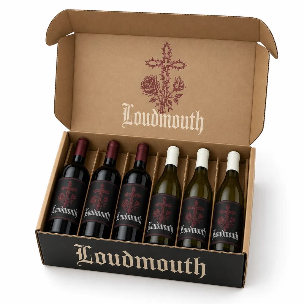 The kraft Loudmouth case packed with Red Blend and Chardonnay bottles