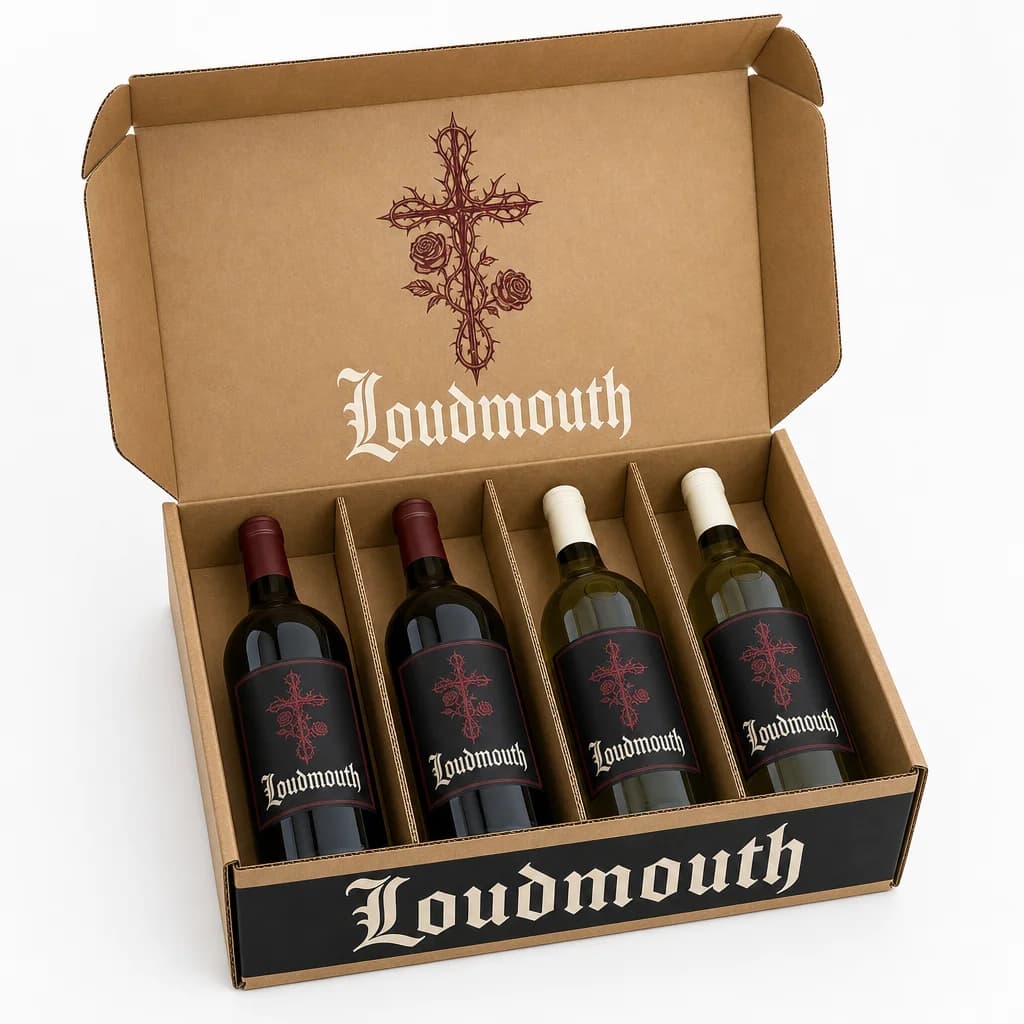 Kraft LOUDMOUTH case holding six bottles, the wordmark inked inside the lid