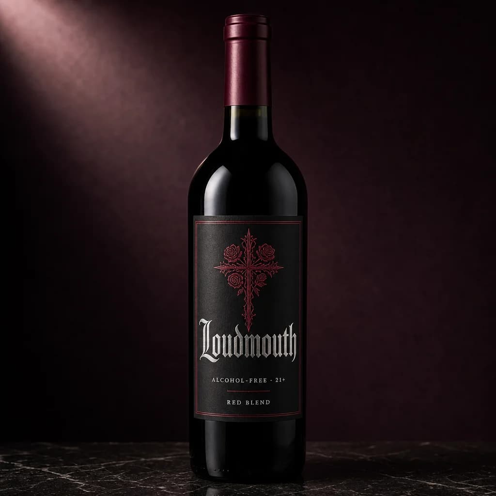 The Loudmouth Red Blend and Chardonnay bottles side by side, blackletter labels lit in a dark studio
