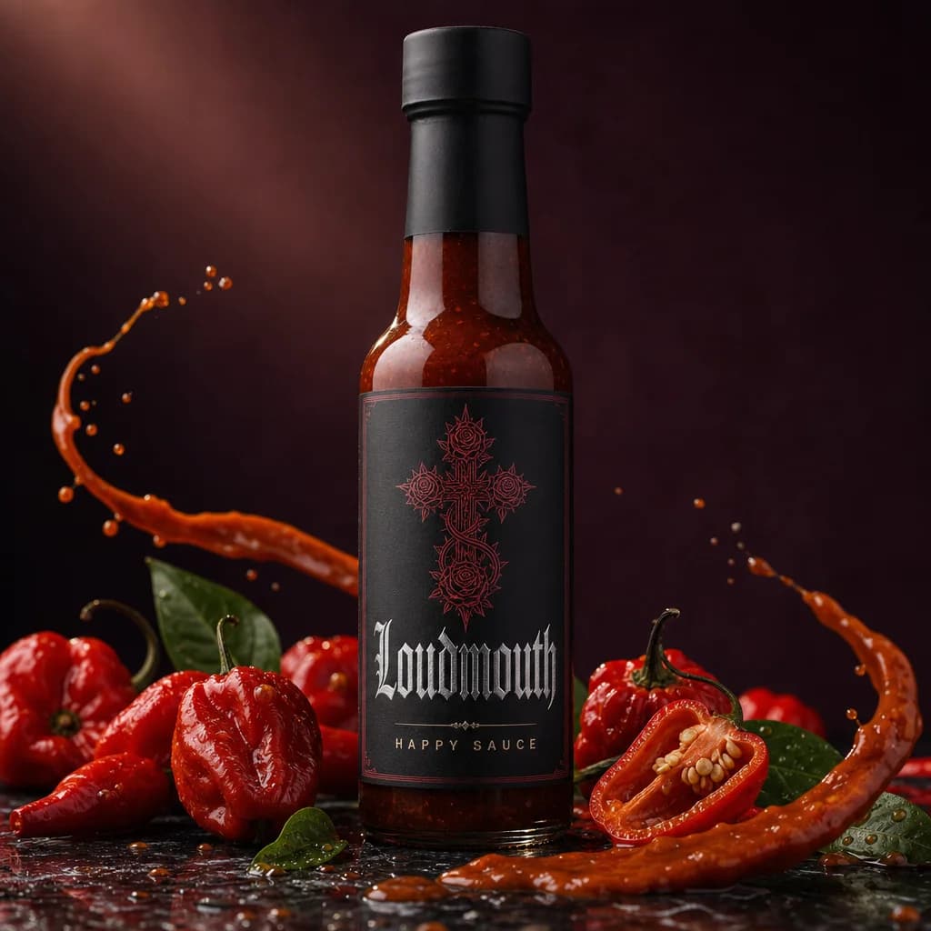Concept render of a Loudmouth Happy Sauce bottle, matte black blackletter label, chilies and a ribbon of red sauce on wet black marble