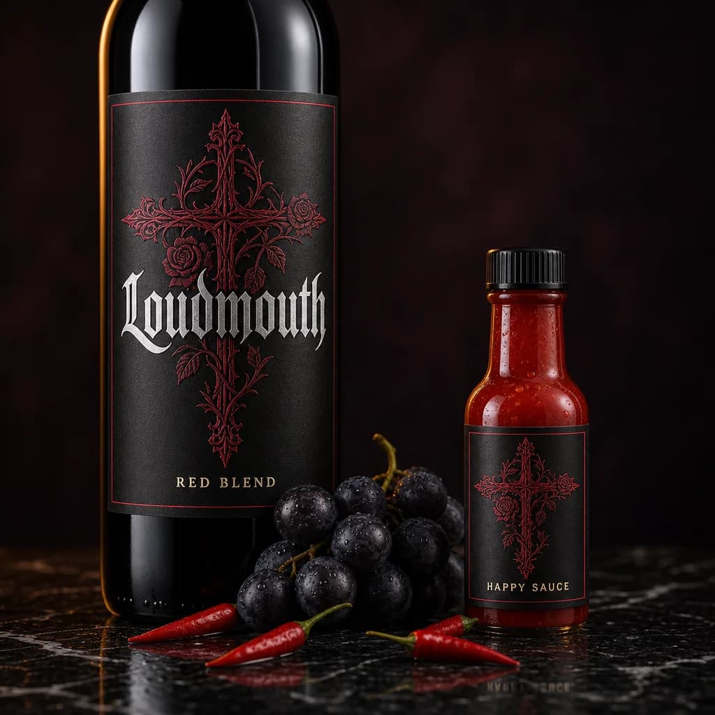 Concept render of a Loudmouth wine bottle beside a miniature Happy Sauce sample bottle on black marble