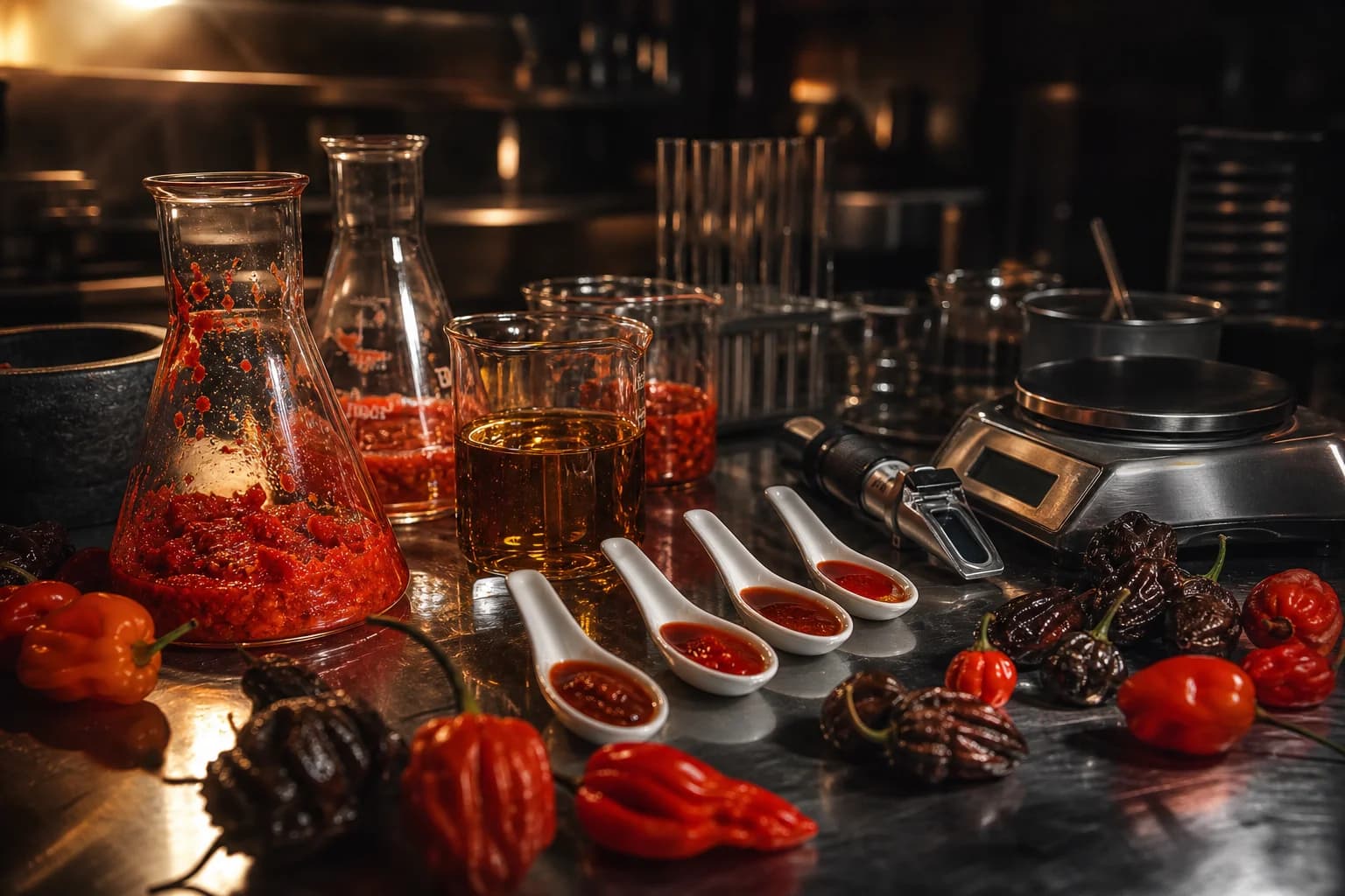 Test kitchen bench with conical flasks of red chili mash, beakers of amber chili oil, tasting spoons and a precision scale under a warm rim light