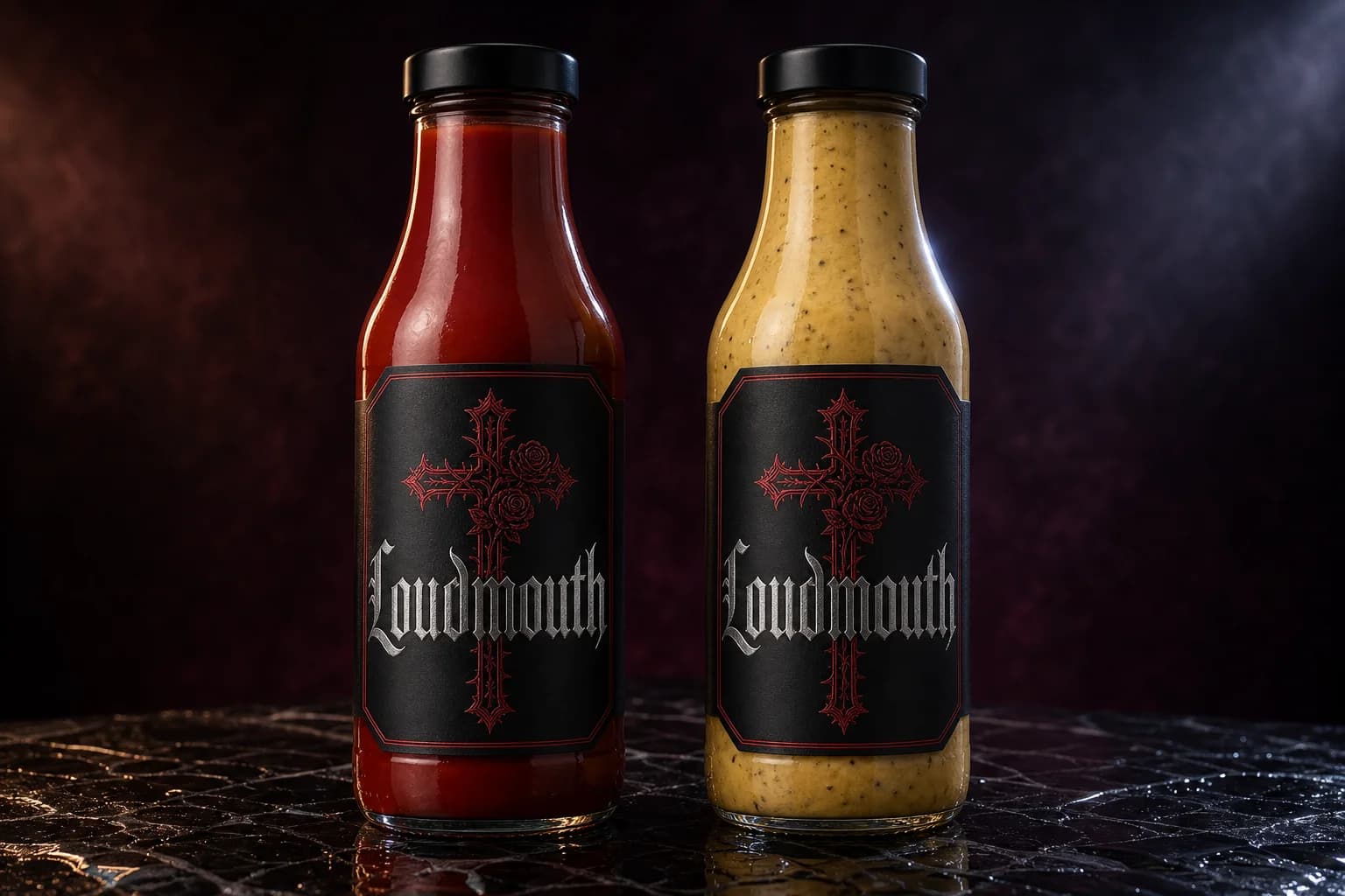 Concept render of two Loudmouth condiment bottles on wet black marble, a deep red house ketchup and a pale golden truffle honey mustard, both with matte black blackletter labels
