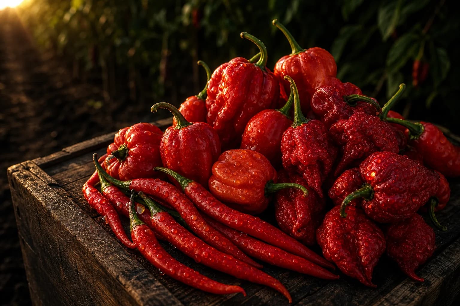 Freshly harvested scarlet habanero, scotch bonnet and crimson reaper chilies in a dark wooden crate under warm directional light