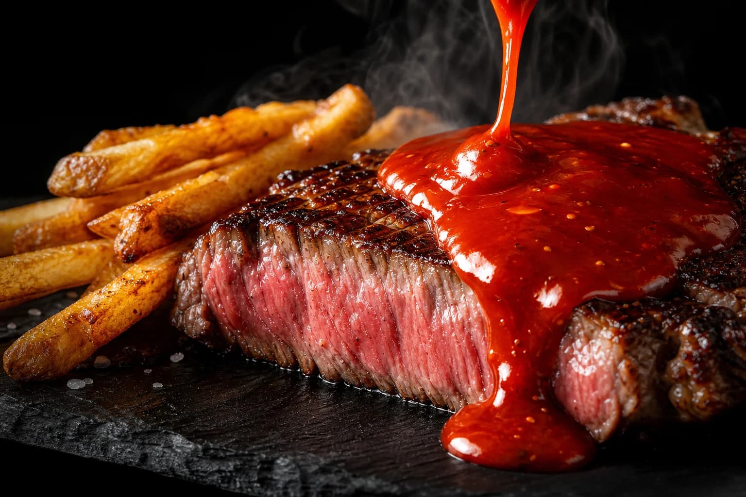 Glossy red hot sauce drizzling in a thick ribbon over a seared medium-rare steak and golden fries on dark slate