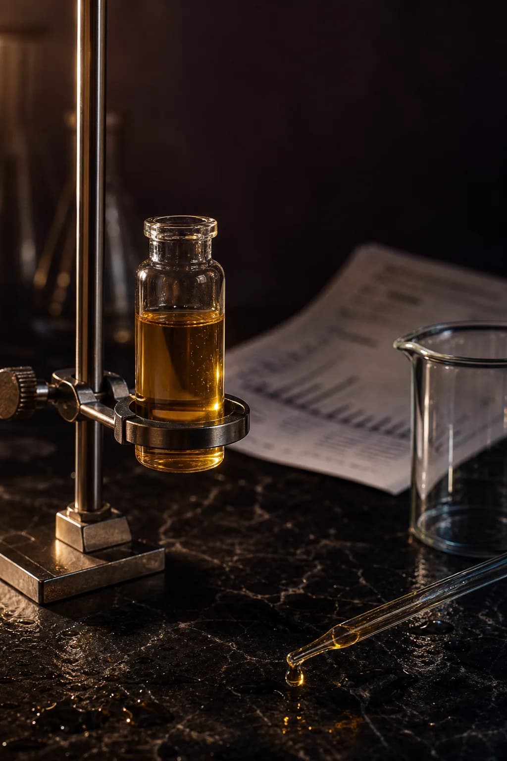 Laboratory still life with a vial of pale golden hemp-derived distillate in a steel clamp stand, a pipette releasing a single bead, and a batch certificate document on wet black marble