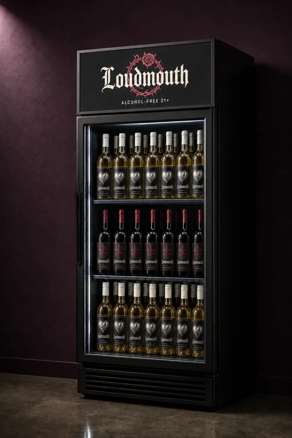 The LOUDMOUTH fridge stocked with Red Blend and Chardonnay bottles